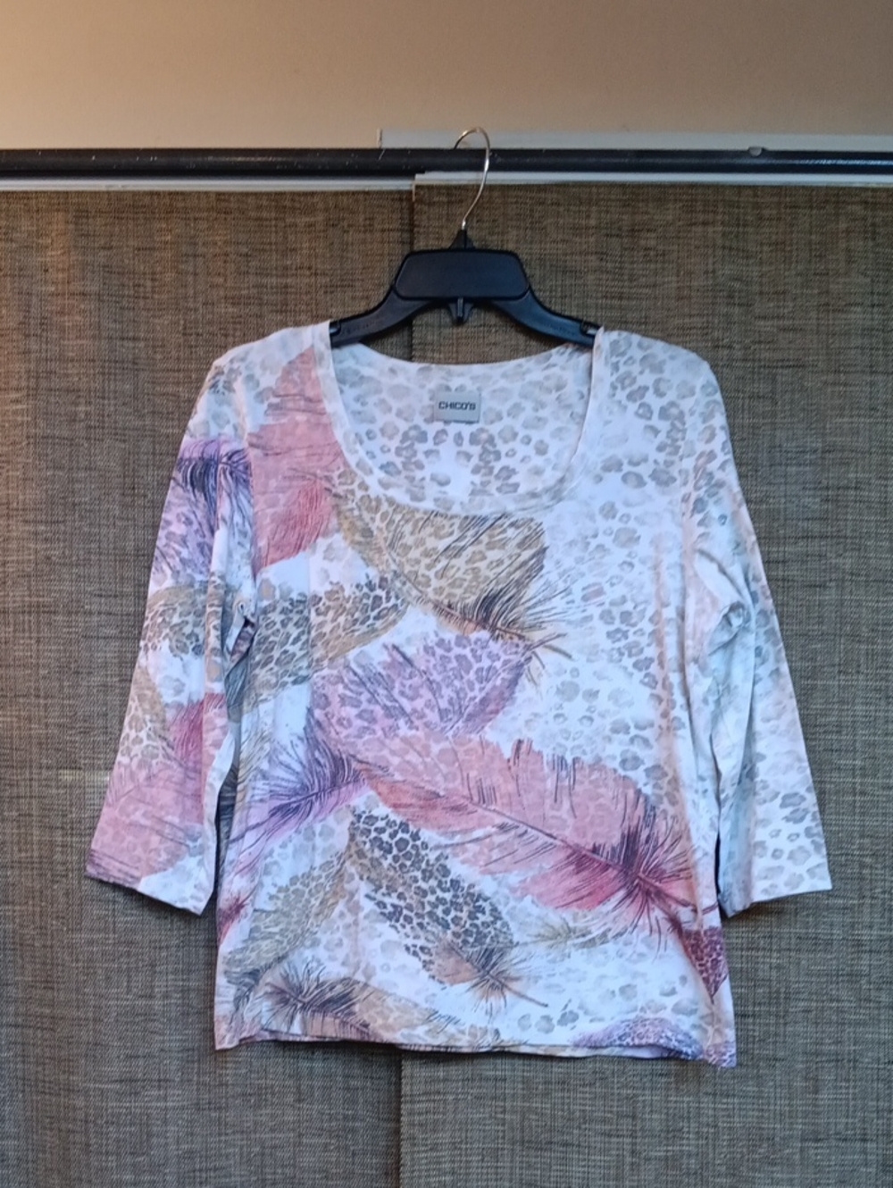 Chico's Scoop Neck Feather & Leopard Print Top in Pink, Cream and Taupe